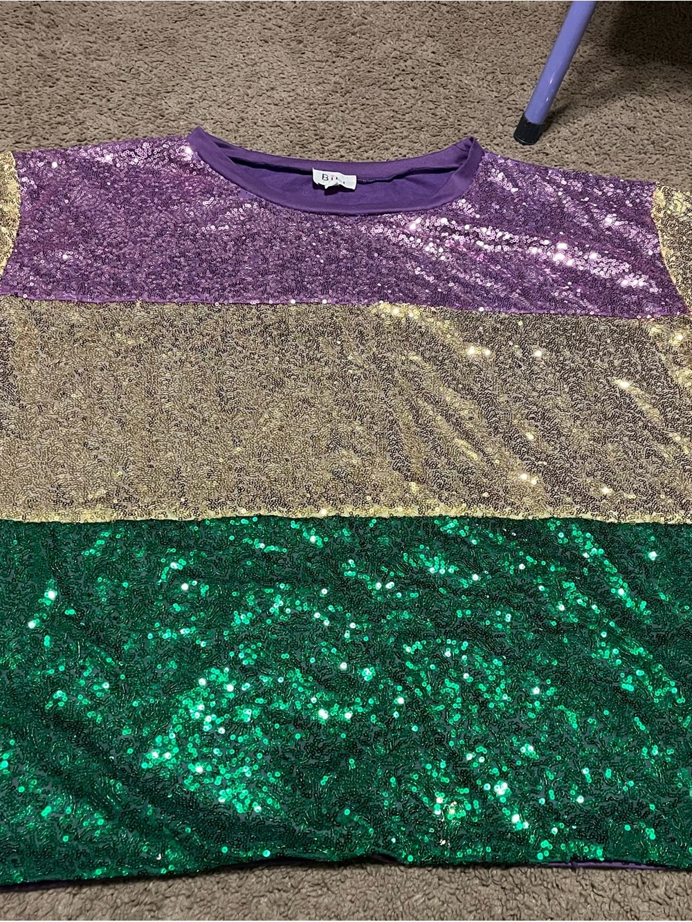ladies Bibi madri gras-Purple, Gold & Green Sequin Stripe Top